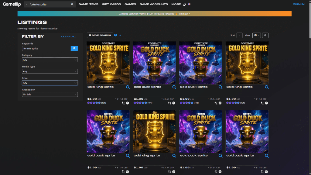 Fortnite Sprites being sold on Gameflip