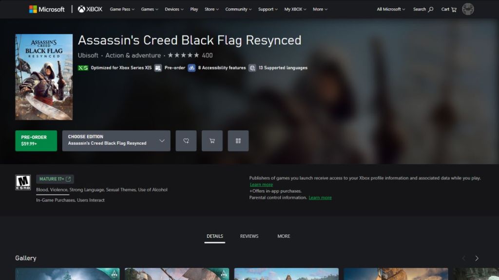 Assassin's Creed Black Flag Resynced on the Xbox Microsoft Store with the price and Pre-Order button