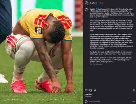 Colombian World Cup star goes into hiding after receiving death threats over missed shot